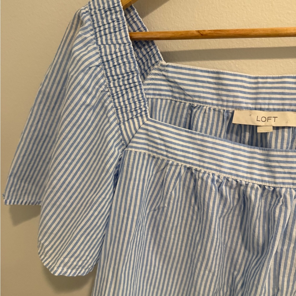 Loft Blue White Stripe Square Neck Flutter Sleeve Embroidered Eyelet Detail XL - Picture 4 of 11